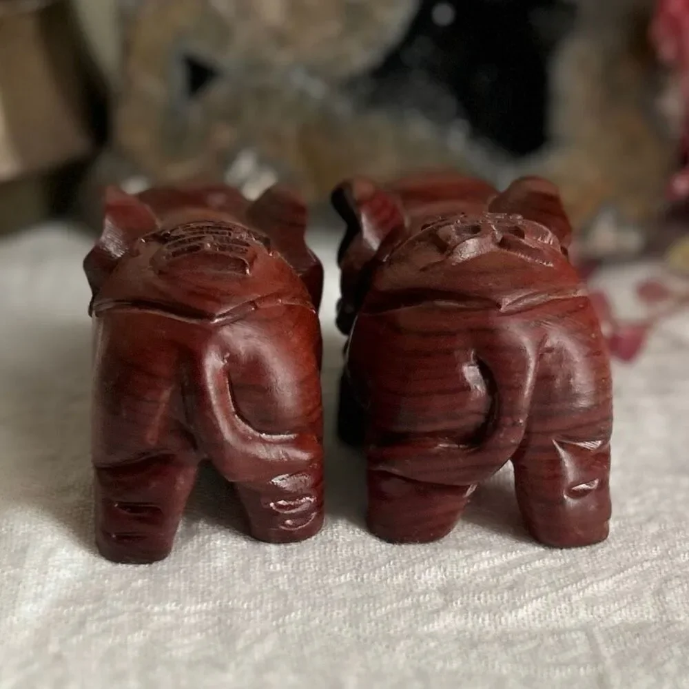 Set of 2 Small Protective Carved Wooden Elephants Long Life and Abundance